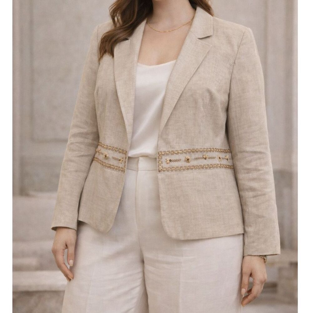 Vintage 90s Bloomingdale’s 100% Linen Beaded Blazer 18W Plus Tan Boho Coastal Ch